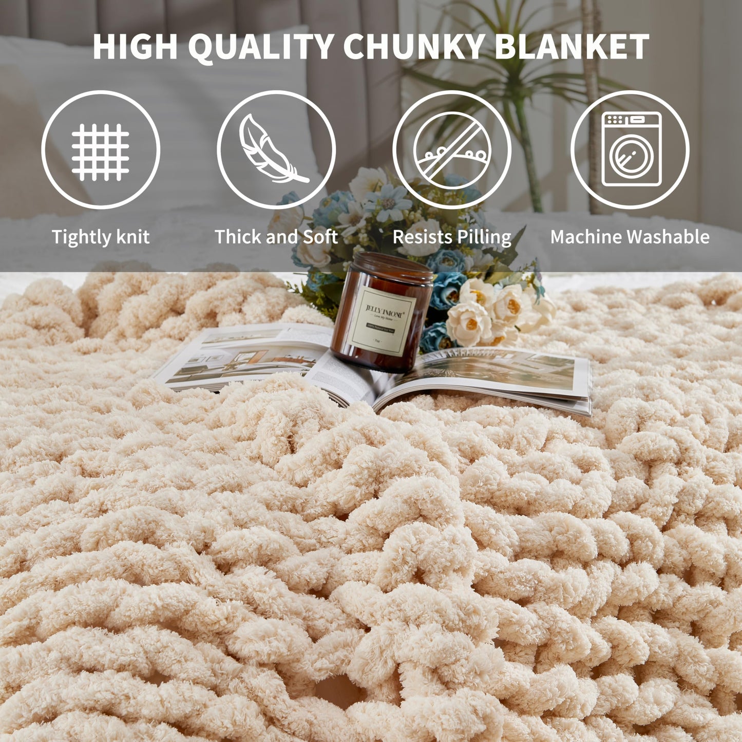 Chunky Knit Soft Throw Blanket - Cream - Chunky Chenille Cable Knitted Fluffy & Warm Chunky Throw Blanket with Woven Bag for Boho Home Decor, Handmade Large Knit Blanket for Bed & Couch 50" x 60"