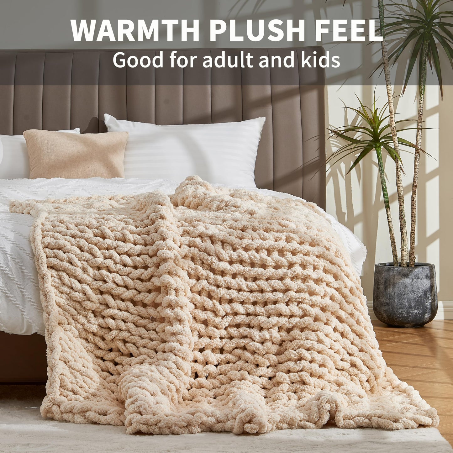 Chunky Knit Soft Throw Blanket - Cream - Chunky Chenille Cable Knitted Fluffy & Warm Chunky Throw Blanket with Woven Bag for Boho Home Decor, Handmade Large Knit Blanket for Bed & Couch 50" x 60"
